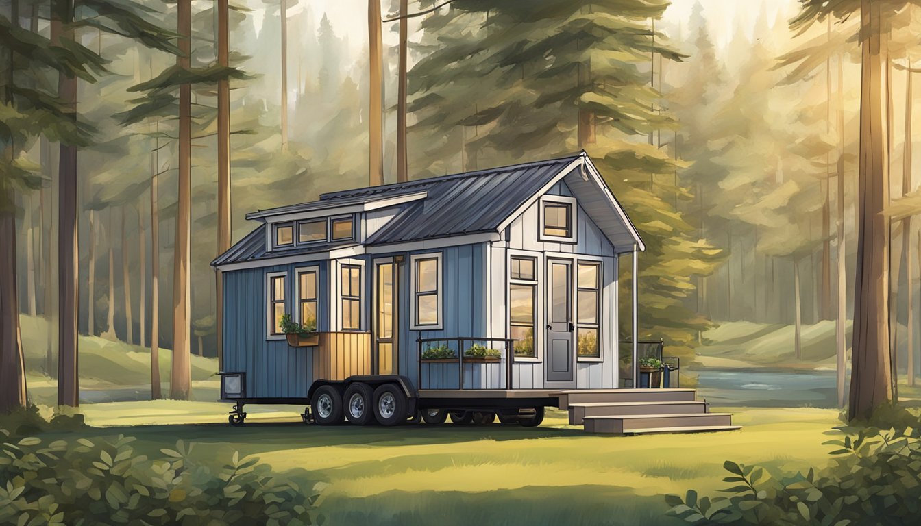 A tiny house on wheels parked in a serene, wooded setting with a clear view of the surrounding landscape