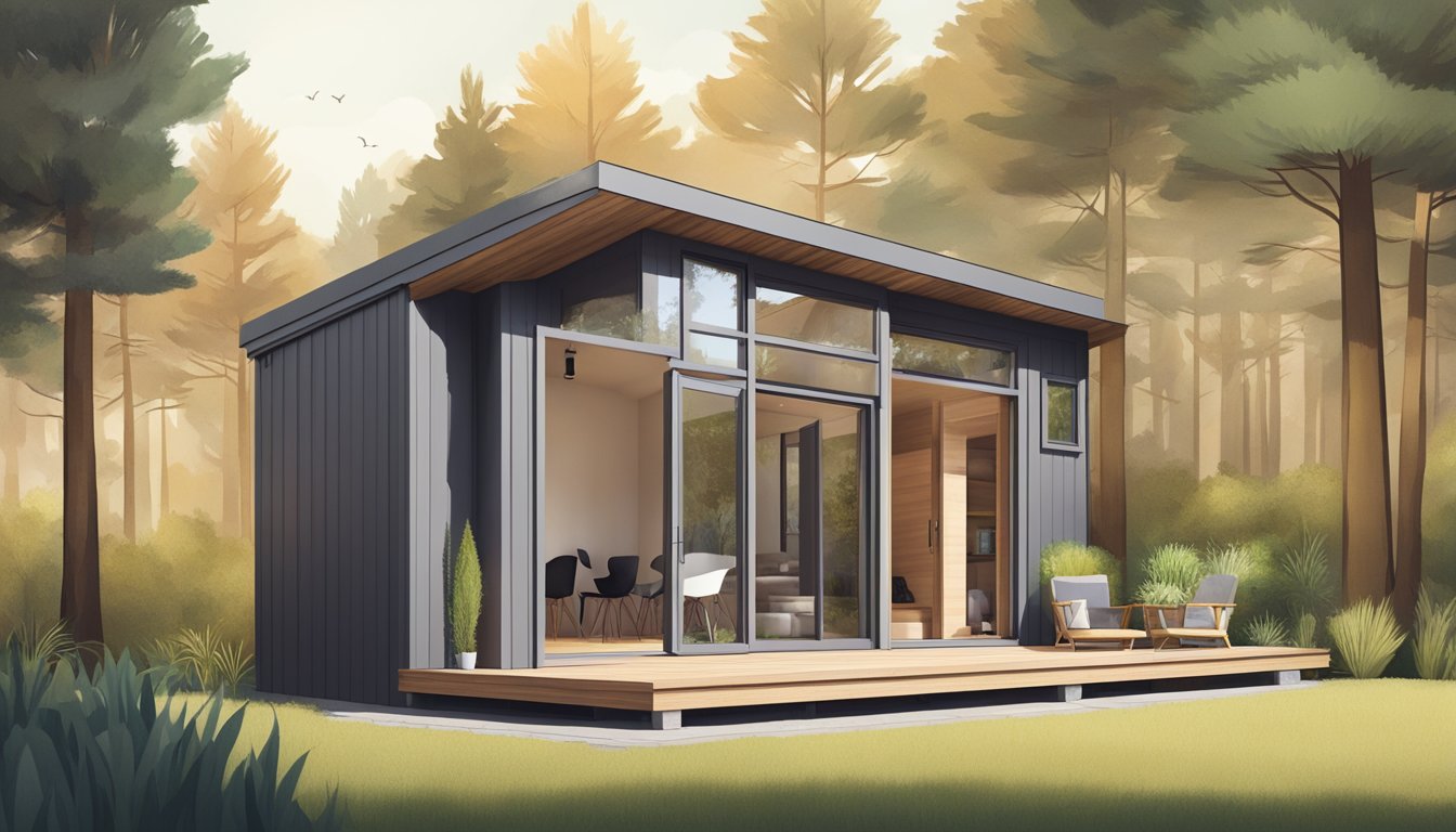 A tiny house surrounded by nature, with clean lines, large windows, and minimalist decor, showcasing the growing popularity of compact, efficient living spaces