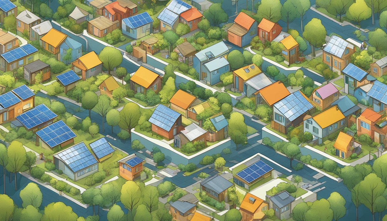 A bustling city with tiny houses nestled among trees, solar panels on roofs, and community gardens, showcasing the trend towards environmental impact and sustainability