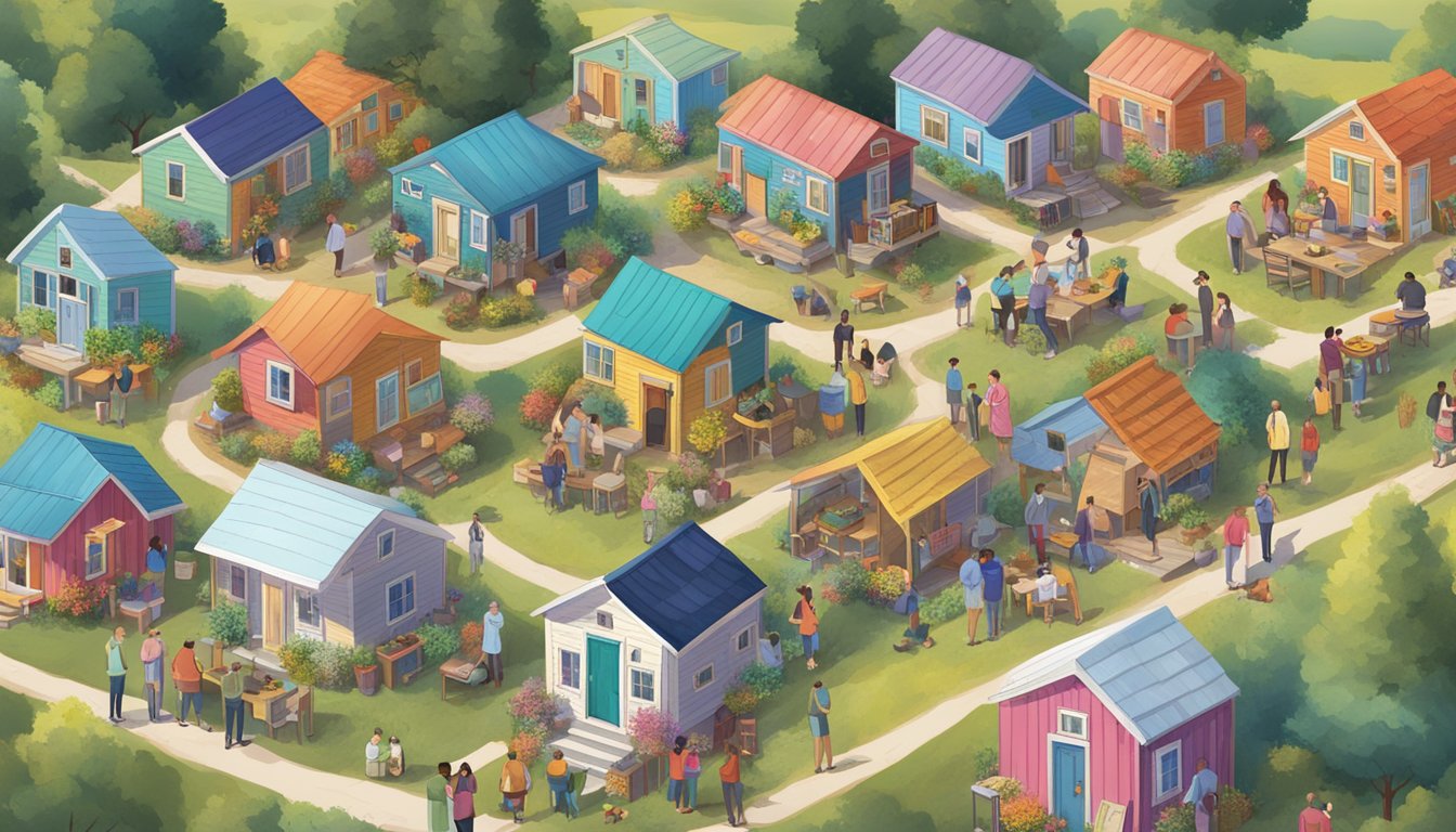 A bustling community gathering around a cluster of tiny houses, adorned with colorful banners and filled with lively conversations and shared meals