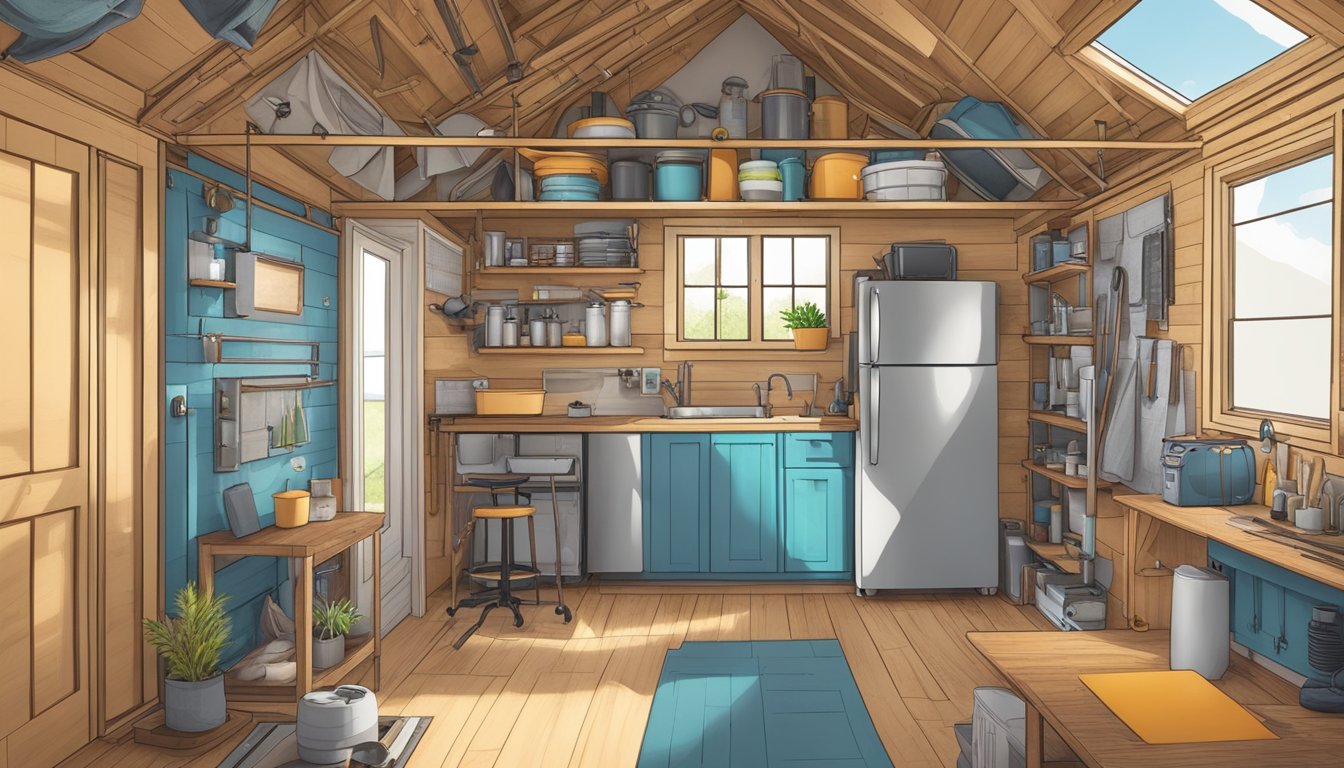 A tiny house surrounded by tools, materials, and a blueprint, with a person making repairs and upgrades