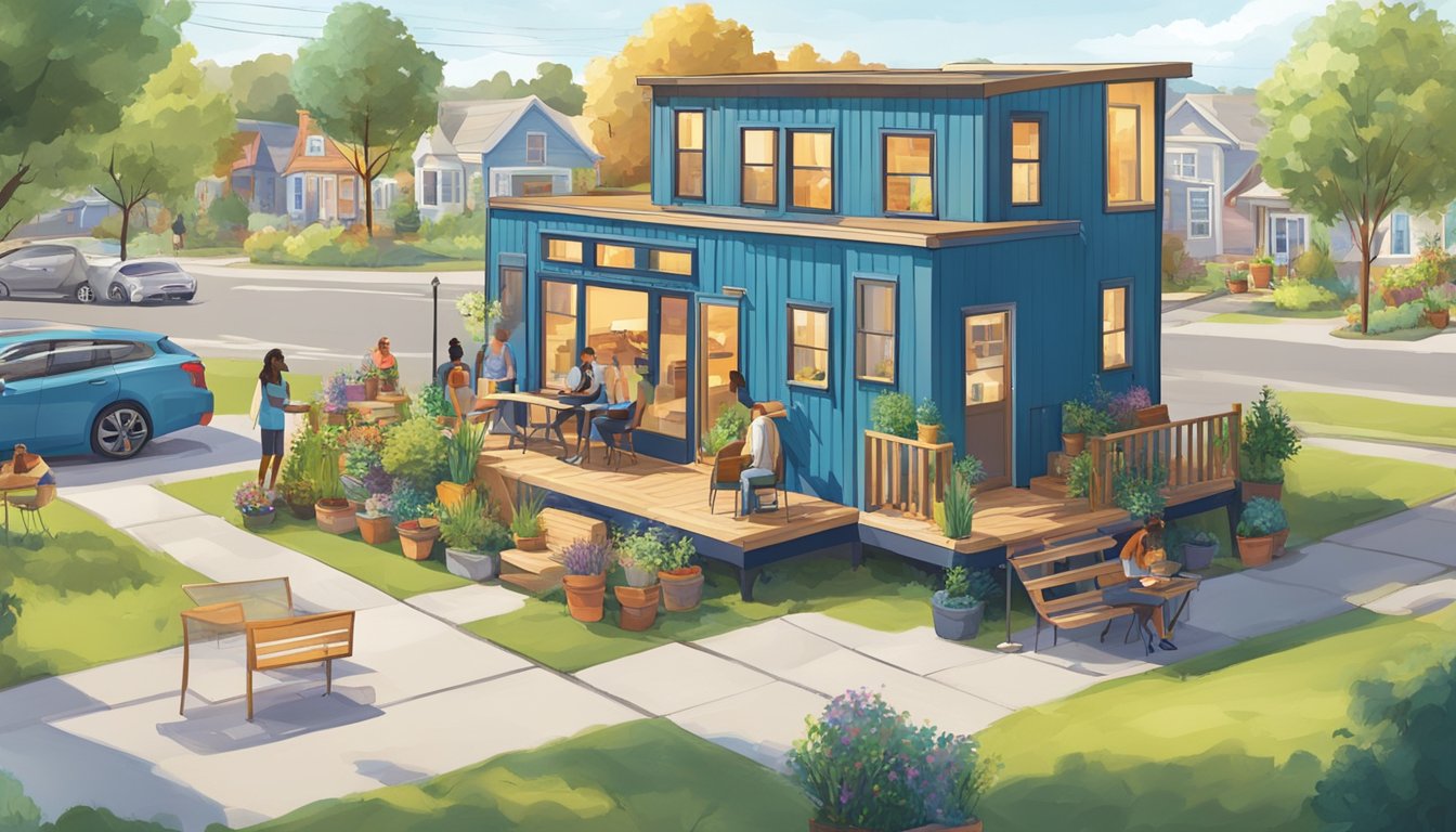 A tiny house on wheels parked in a vibrant community, surrounded by friendly neighbors chatting and sharing meals outdoors