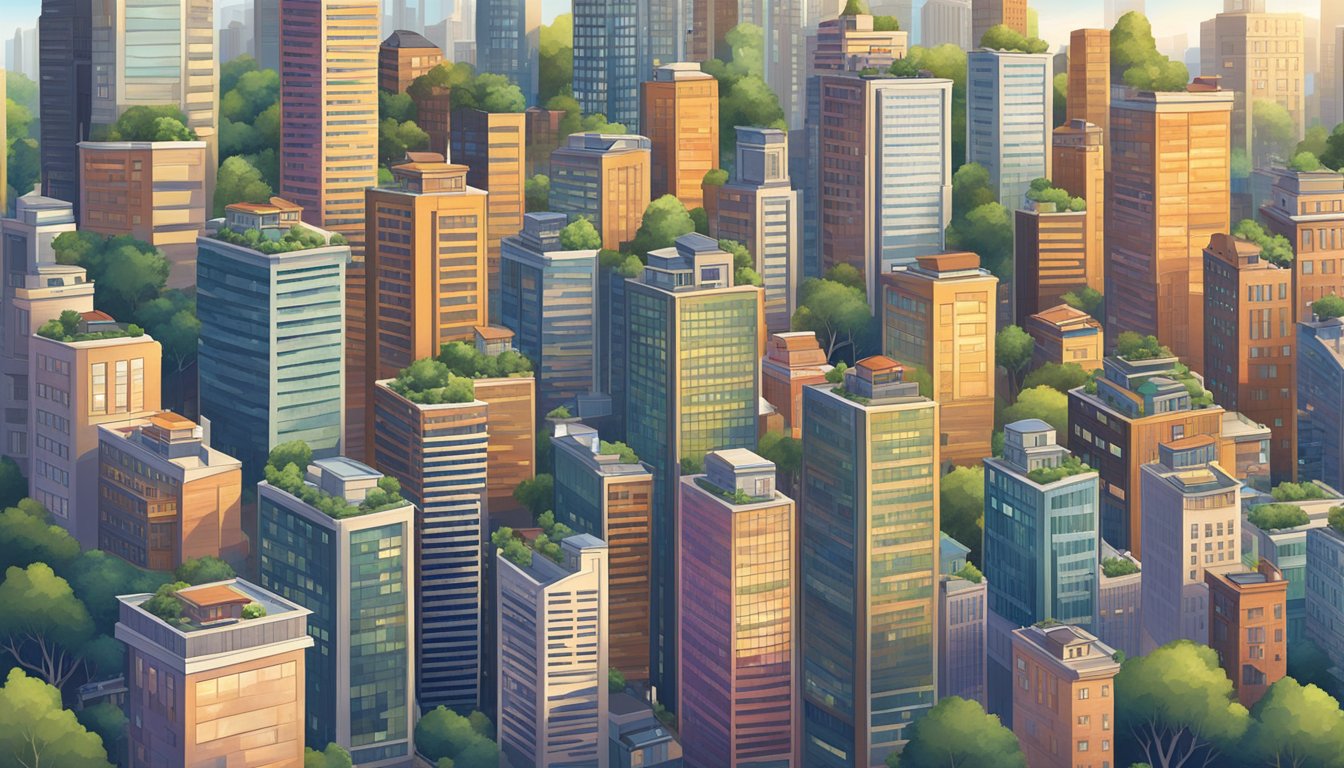 A bustling city skyline with tiny houses nestled among towering skyscrapers, showcasing the global popularity of compact living