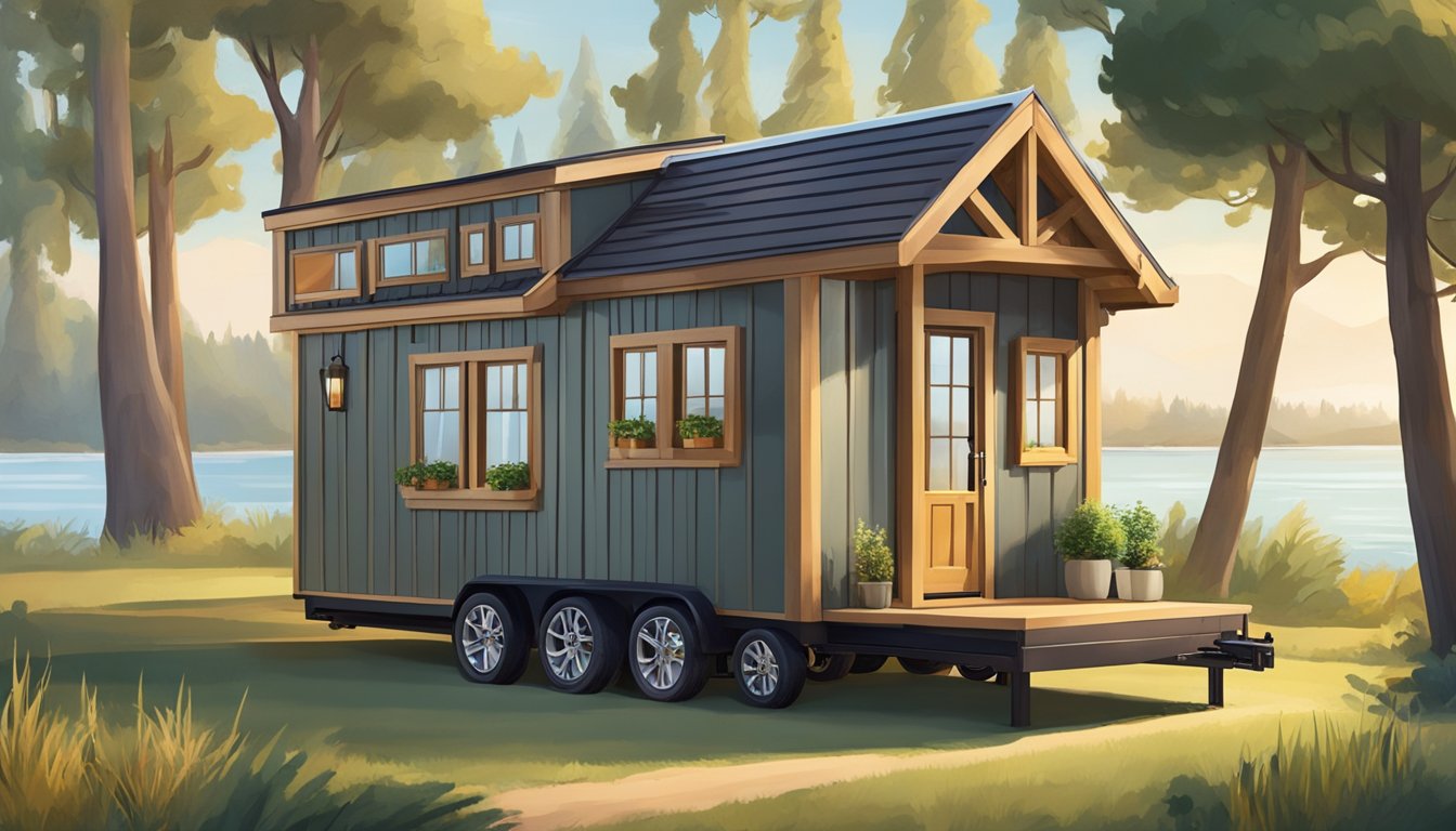 A tiny house on wheels parked in a serene natural setting, with a cozy interior and personalized decor reflecting the owner's unique style and preferences