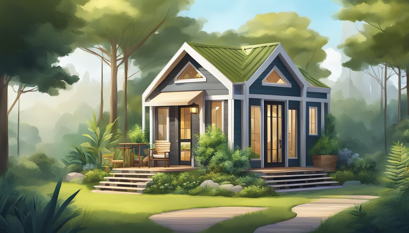 A cozy tiny house with modern design features, surrounded by lush greenery and nestled in a serene natural setting