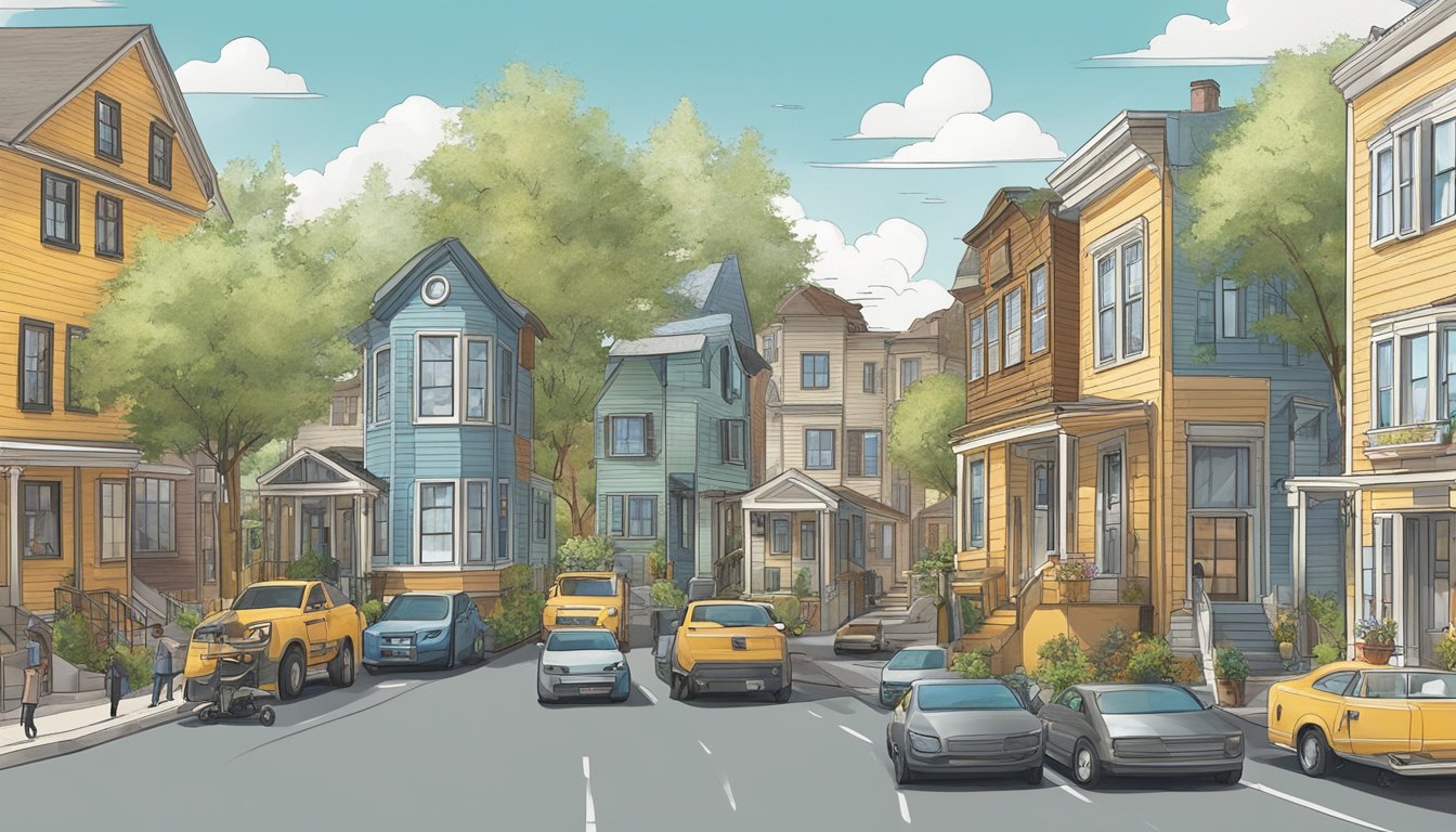 A bustling city street with tiny houses on wheels parked alongside traditional homes, showcasing the legal and social challenges of integrating them into established neighborhoods