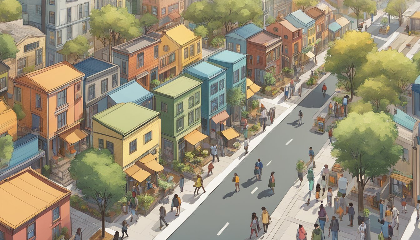 A bustling city street with diverse tiny houses lining the road, people walking and chatting, and a sense of community and sustainability