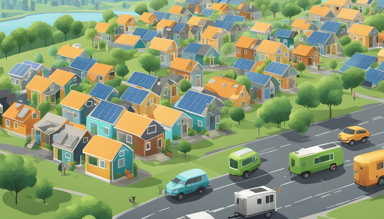 A bustling city skyline with tiny houses on wheels parked in a community, surrounded by green space and solar panels