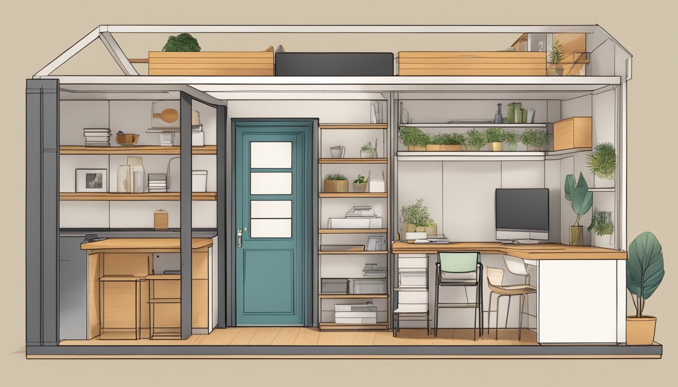 A tiny house with clever storage solutions, showing efficient use of space with built-in shelves, hidden compartments, and multi-functional furniture