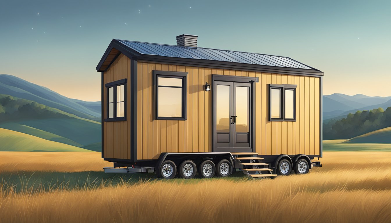 A tiny house on wheels parked in a spacious, open field with rolling hills and a clear blue sky in the background