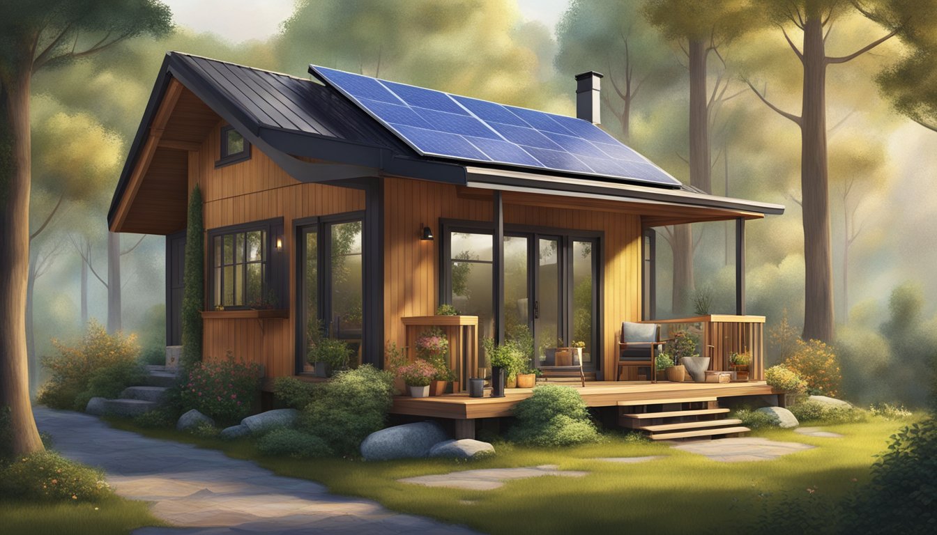 A tiny home nestled in a serene, natural setting, surrounded by trees and a small garden, with a cozy porch and solar panels on the roof