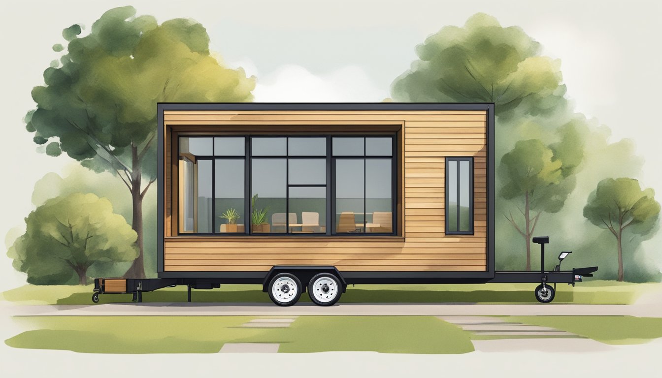 A tiny home sits on wheels, surrounded by trees and a small garden. The exterior is made of wood and metal, with large windows and a sloped roof