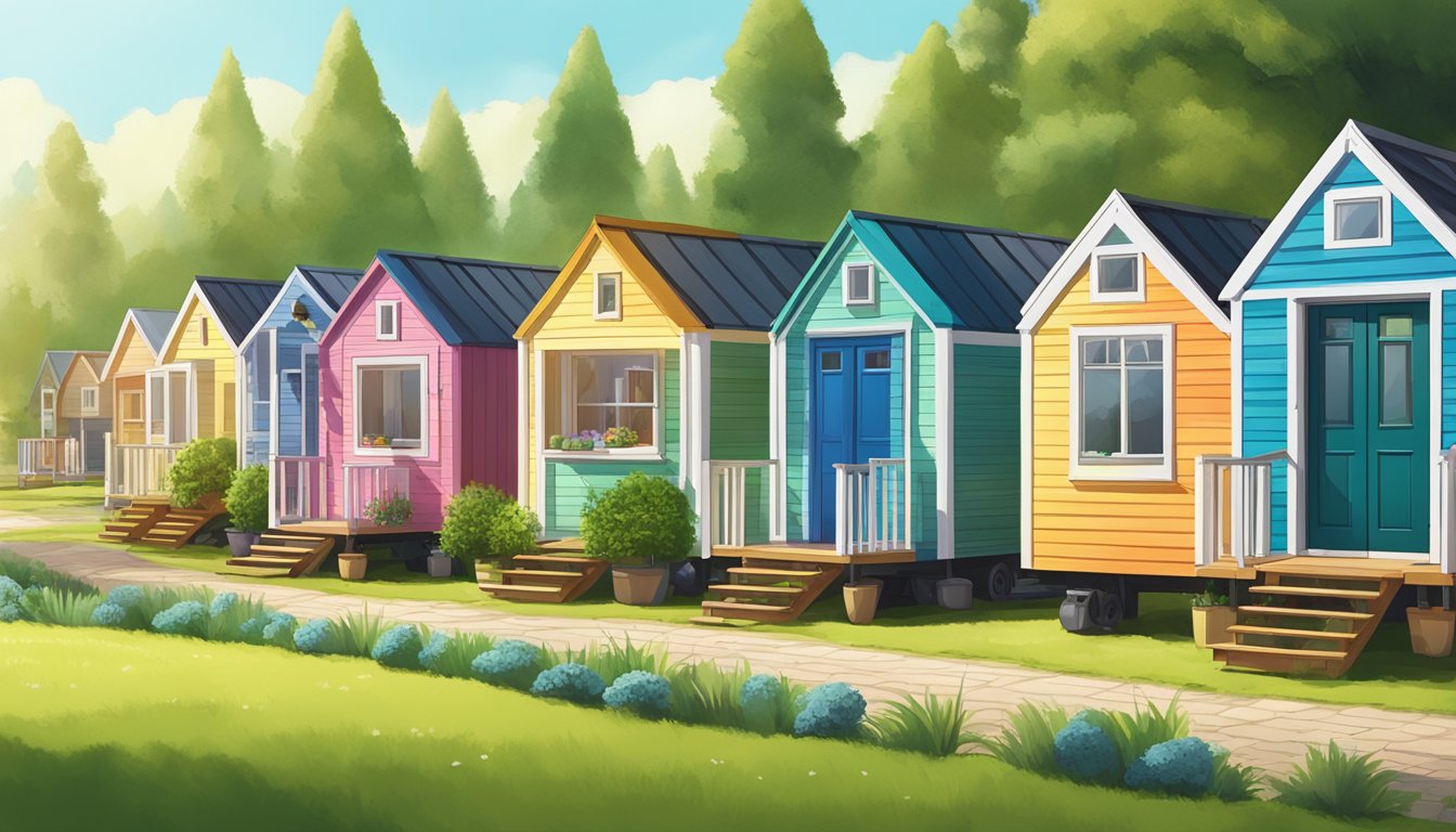 A row of colorful tiny homes nestled in a serene countryside, surrounded by lush greenery and a clear blue sky