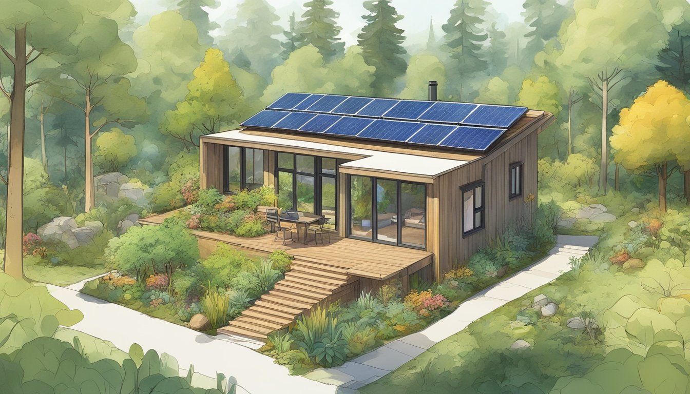 A lush forest clearing with a cluster of tiny homes nestled among the trees, solar panels on the roofs, and a small garden patch nearby