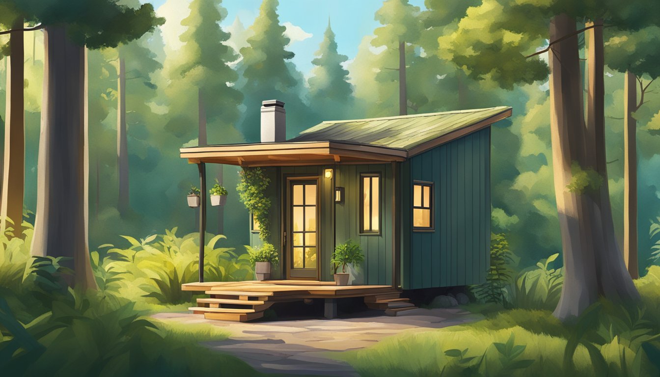 A cozy tiny home nestled in a lush, green forest, surrounded by towering trees and a clear blue sky