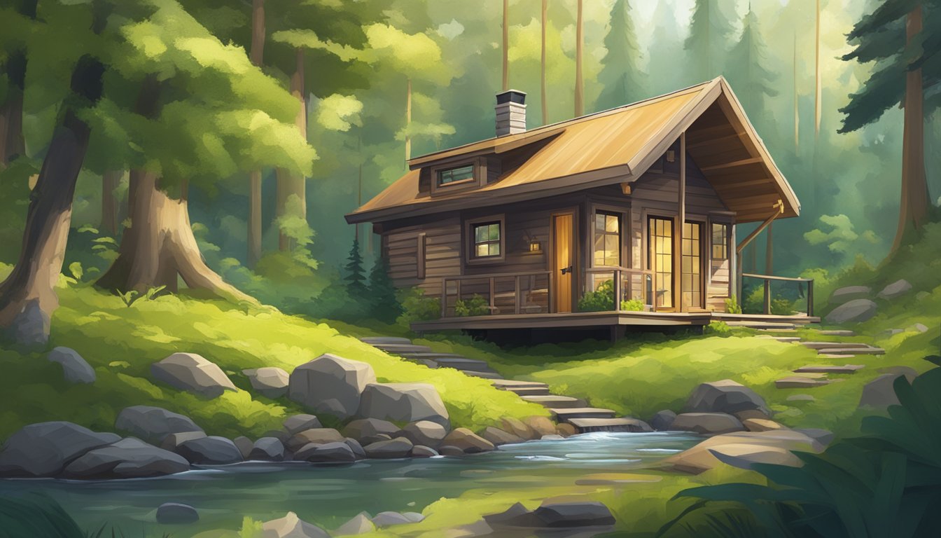 A cozy tiny home nestled in a lush green forest, surrounded by tall trees and a small stream flowing nearby