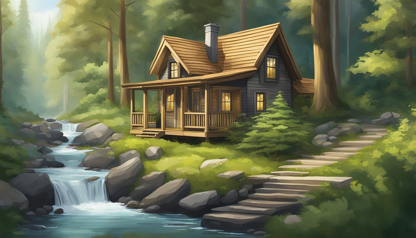 A tiny home nestled in a lush forest clearing, surrounded by tall trees and a winding stream