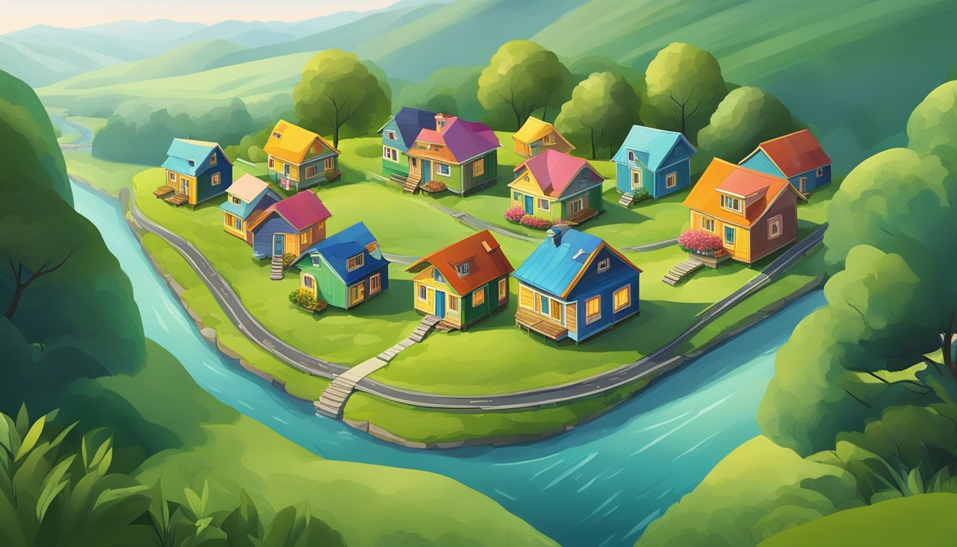 A cluster of colorful tiny homes nestled in a lush, green landscape with a winding river nearby