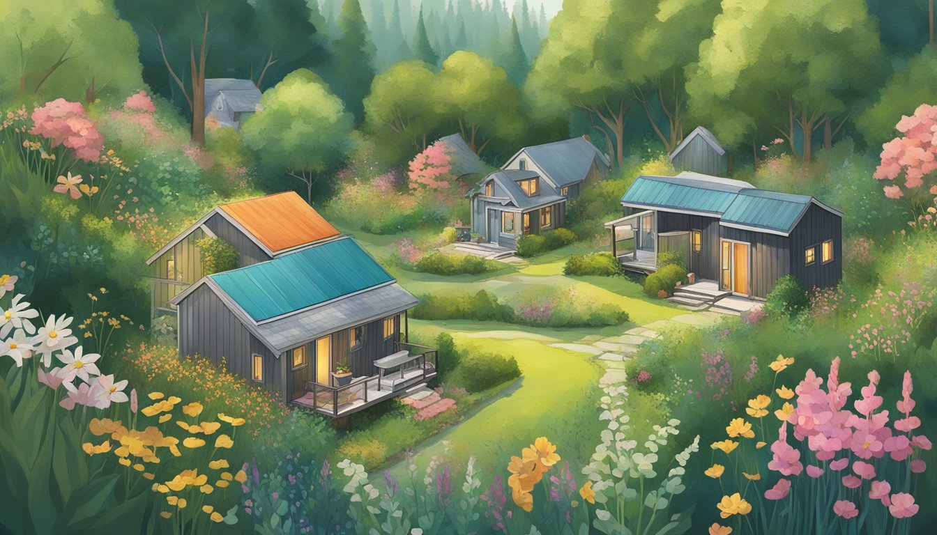 A cluster of tiny homes nestled in a lush forest, each with unique designs and surrounded by blooming wildflowers