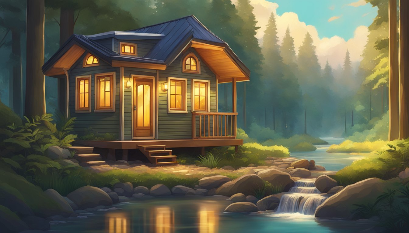 A tiny home nestled in a lush forest, surrounded by towering trees and a bubbling stream, with a warm glow emanating from the windows