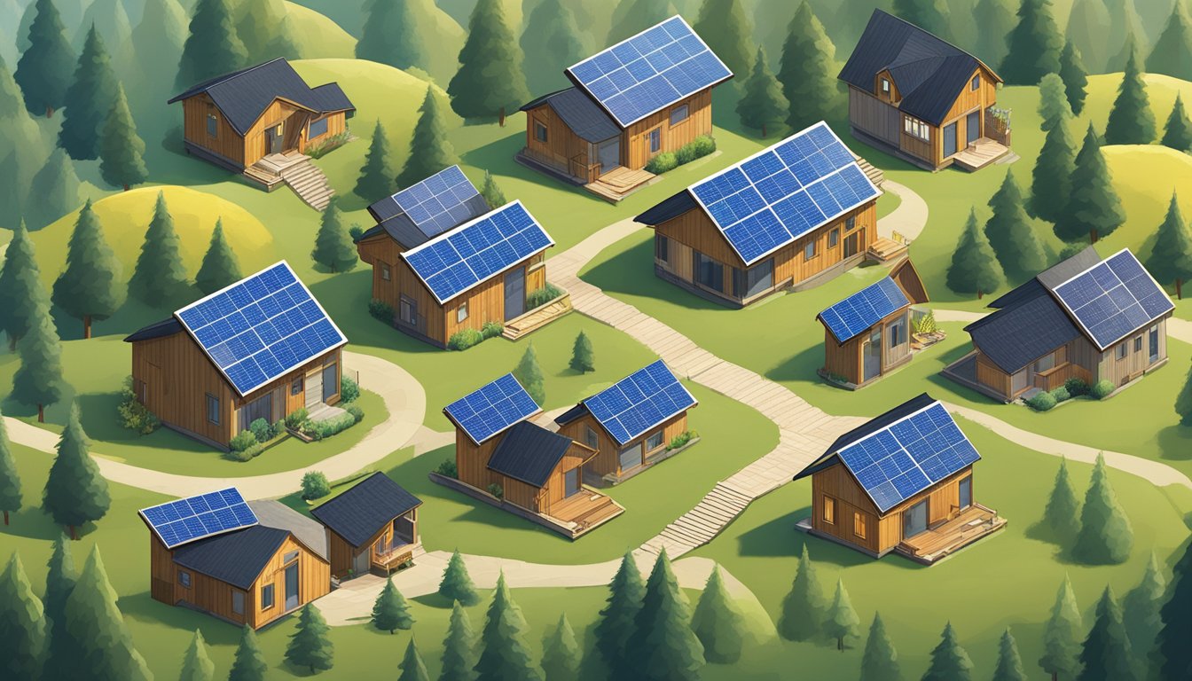 A cluster of tiny homes nestled among trees and rolling hills, with paths connecting them and solar panels on the roofs