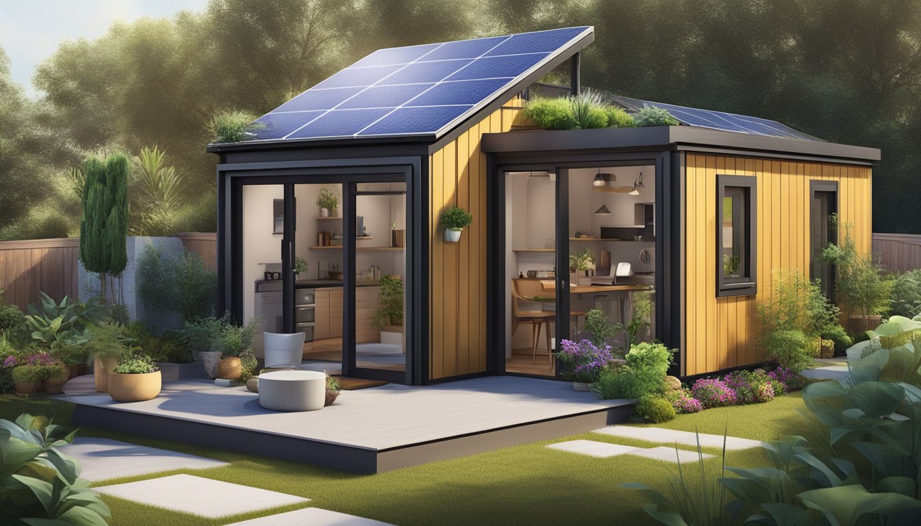 A cozy tiny home nestled in a lush, compact community, surrounded by sustainable gardens and solar panels, with a small, efficient design and modern aesthetic