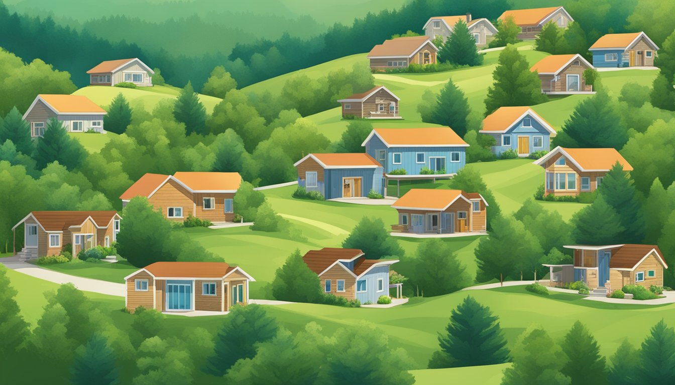 A cluster of tiny homes nestled among lush green trees and rolling hills