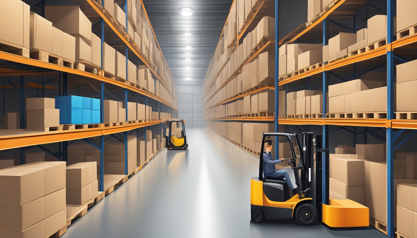 A small warehouse with narrow aisles and stacked shelves. Forklifts maneuvering between boxes