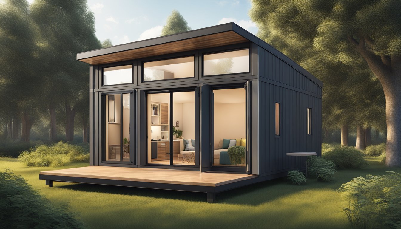 A compact modular tiny home nestled in a lush, space-efficient setting with minimalistic design and efficient use of space