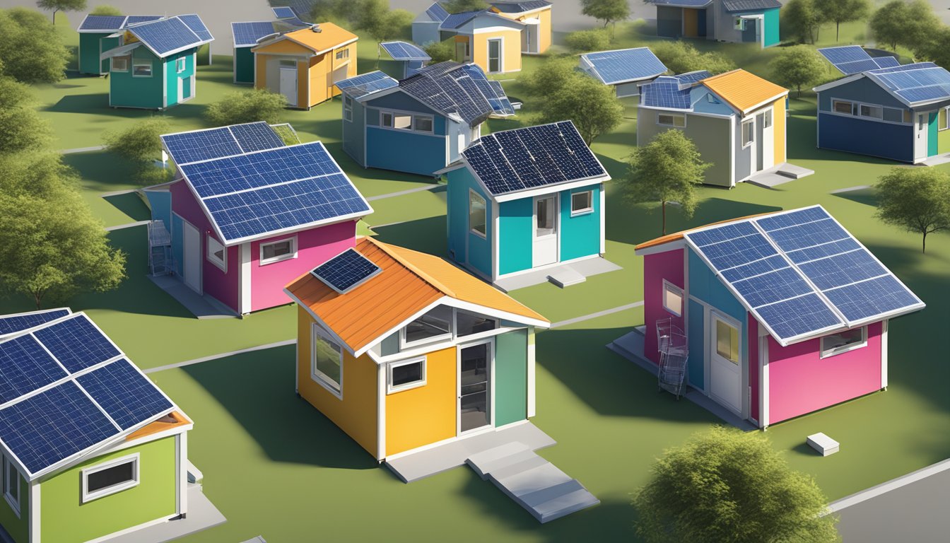 A cluster of modular tiny homes surrounded by solar panels and recycling bins