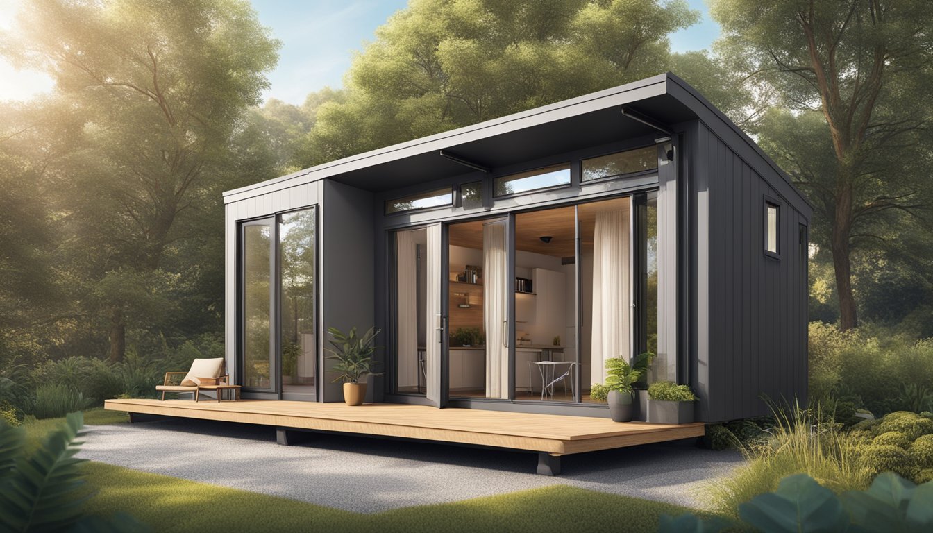 A modular tiny home surrounded by nature, with a small patio and large windows