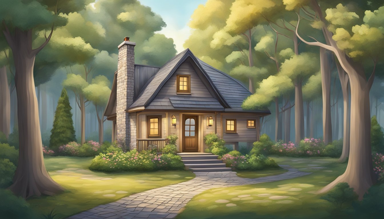 A cozy small house nestled among tall trees with a winding path leading up to the front door