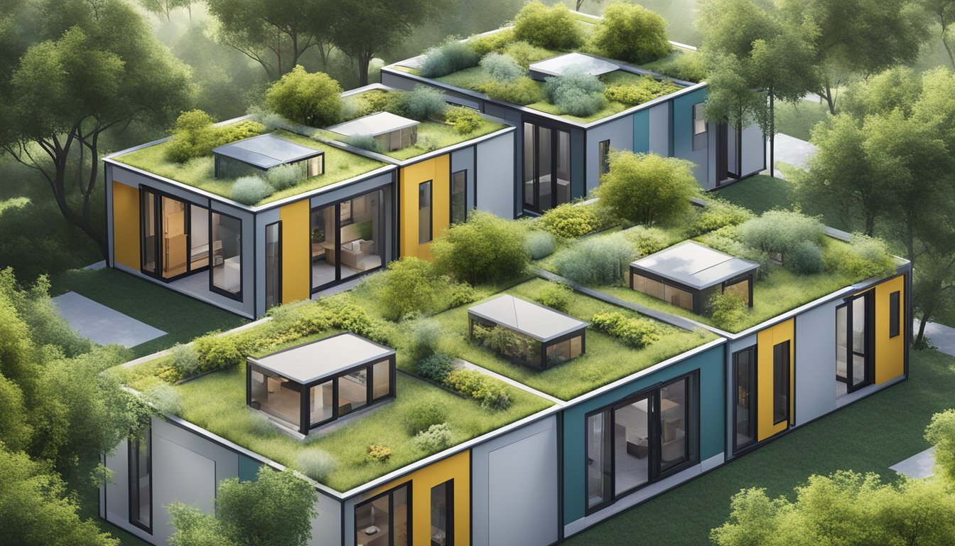 A group of tiny modular homes arranged in a grid, surrounded by greenery and connected by pathways