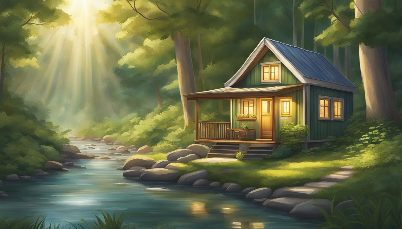 A cozy tiny home nestled in a lush, green forest, surrounded by towering trees and a babbling brook. The sun filters through the leaves, casting dappled light on the quaint exterior