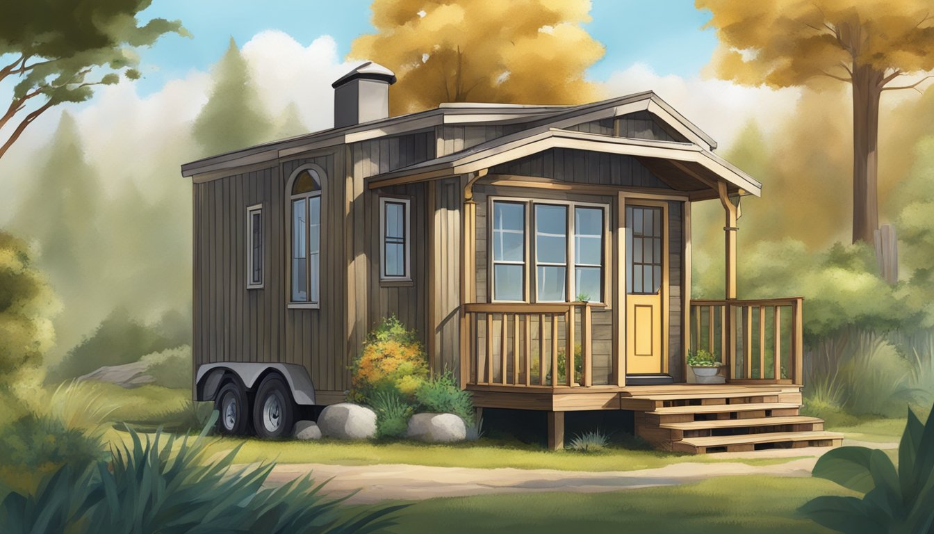 A tiny house nestled in a serene natural setting, showing signs of aging and weathering over time