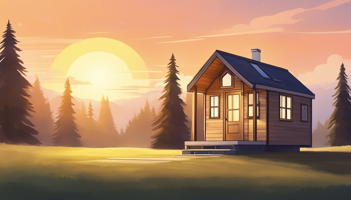 A tiny house sits on a grassy lot, surrounded by trees. The sun sets in the background, casting a warm glow over the small structure