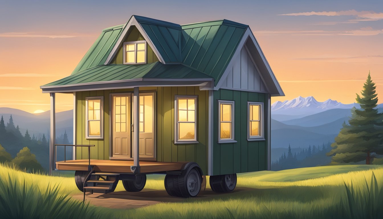 A small house sits on wheels, parked in a grassy field with a view of the mountains