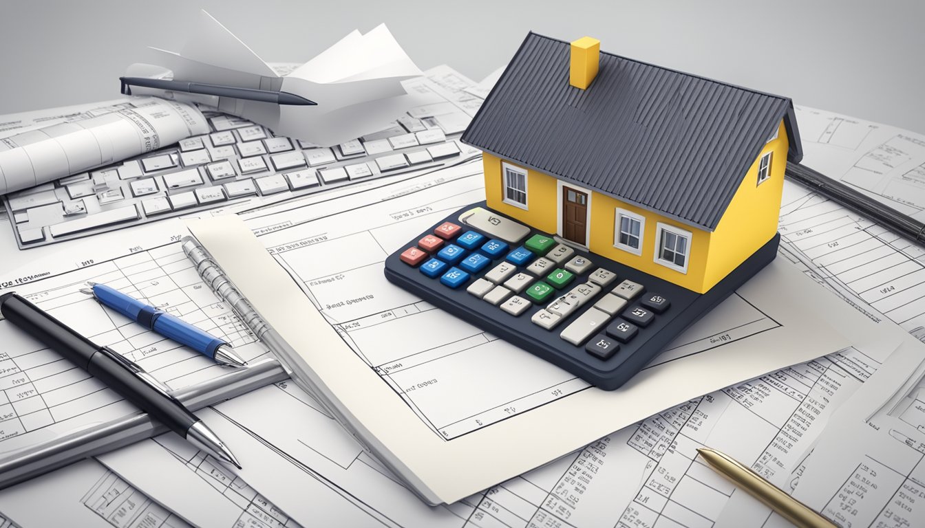 A small house surrounded by a calculator, pen, and paper for cost analysis