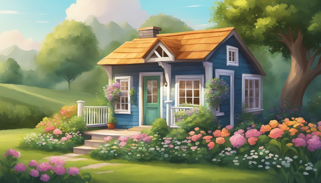 A quaint, tiny house nestled in a peaceful countryside surrounded by lush greenery and blooming flowers