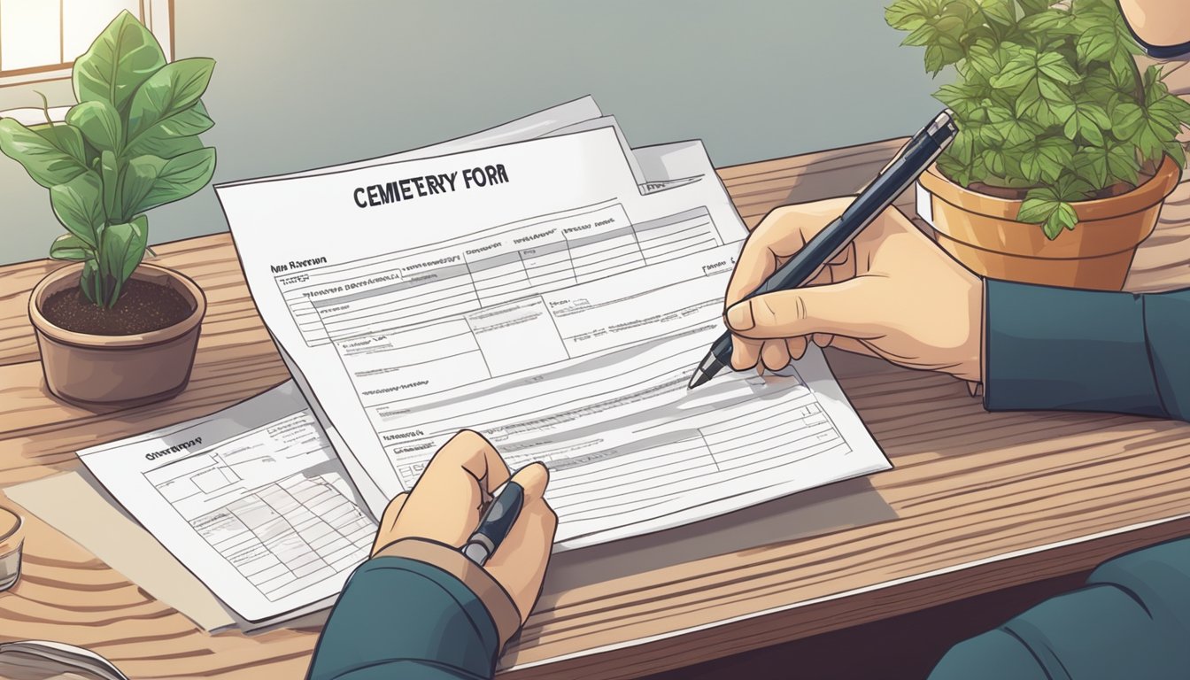 A person filling out a cemetery plot transfer form with a pen and paper on a wooden desk with a potted plant in the background