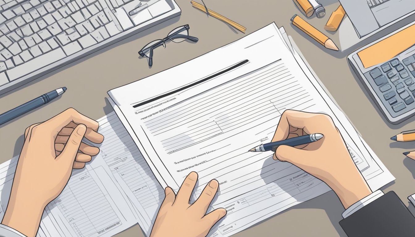 A hand holding a pen, filling out a cemetery plot transfer form on a desk with legal documents and a framework of rules and regulations