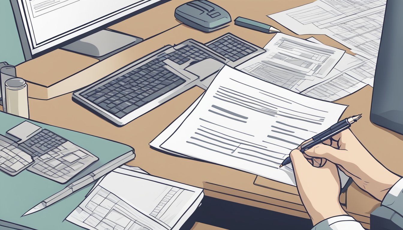 A hand holding a pen, filling out a cemetery plot transfer form on a desk with a computer and paperwork