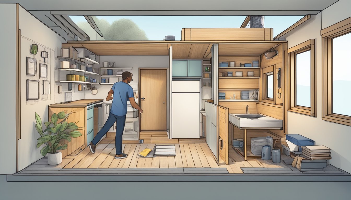 A person measuring and planning the layout of a tiny house, surrounded by blueprints, tools, and building materials