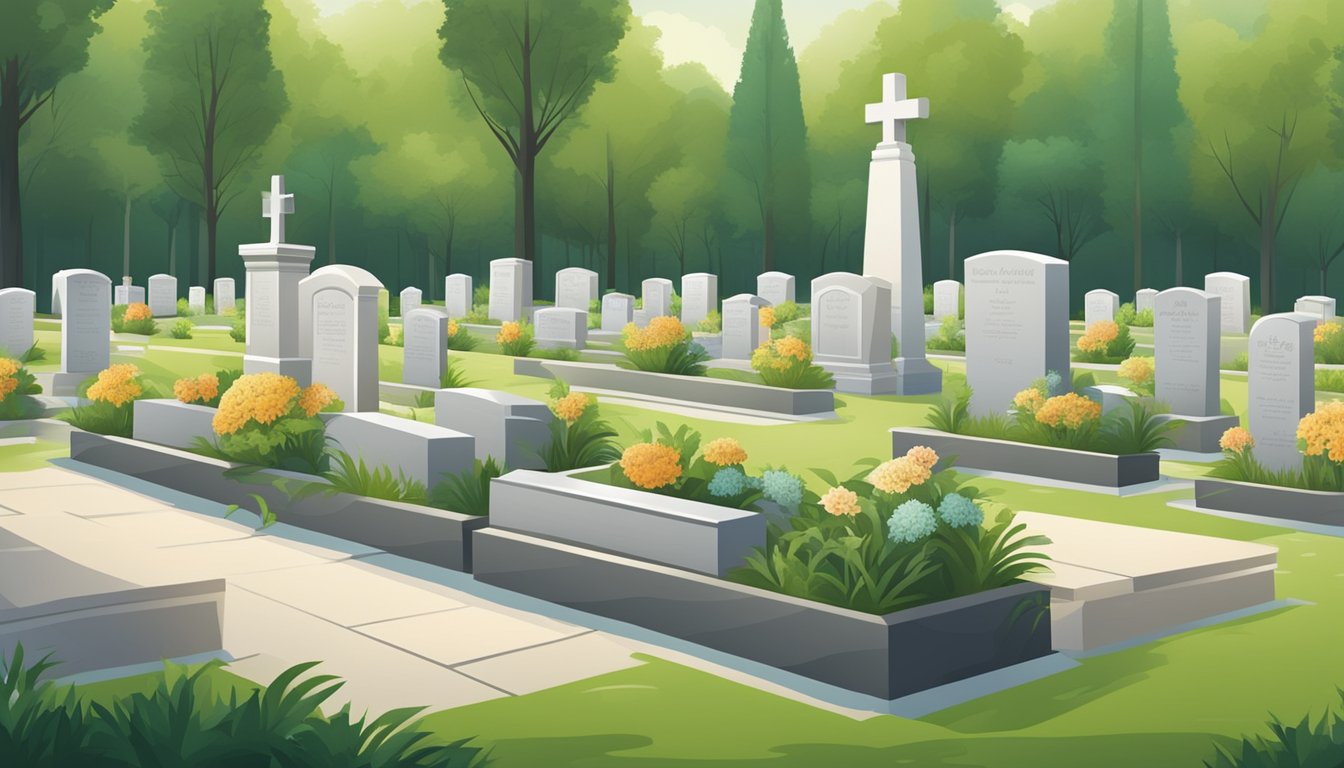 A serene cemetery with neatly arranged plots for urn burial, surrounded by lush greenery and marked with simple, elegant headstones