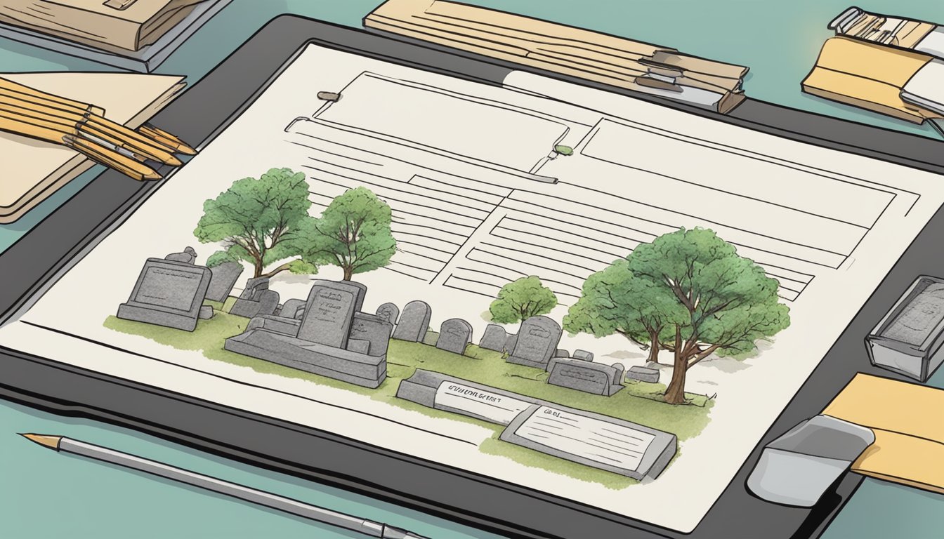 A digital device displaying a cemetery plot transfer form with a stylus hovering over it