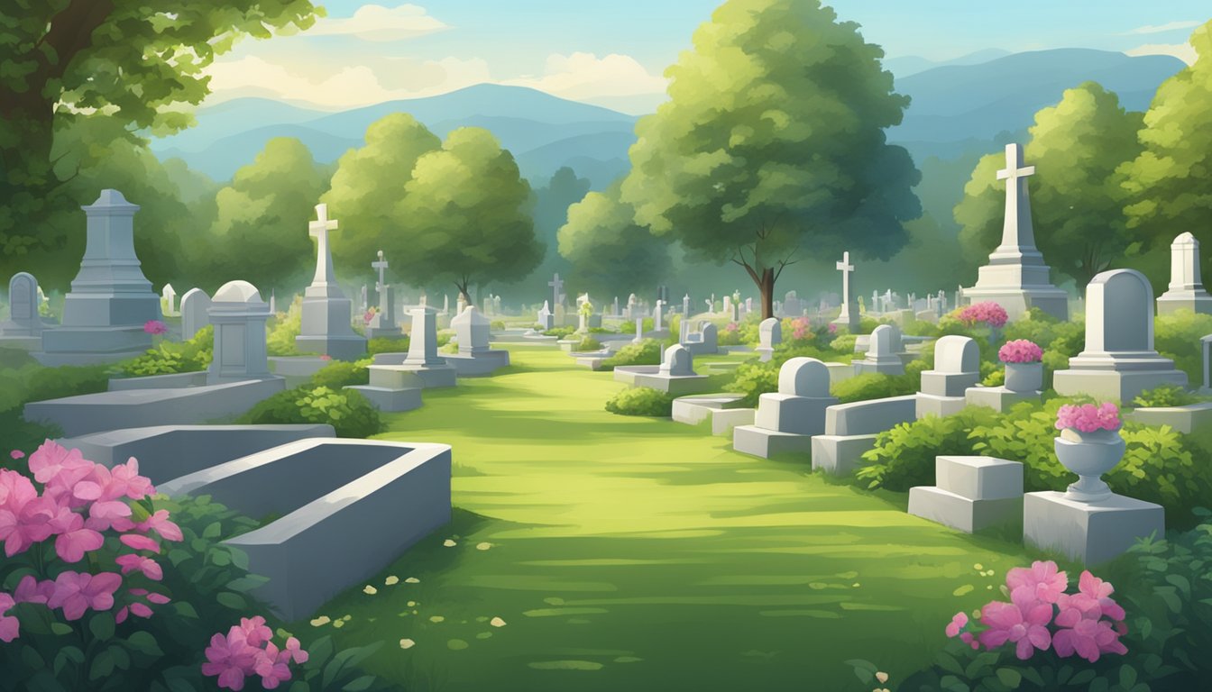 A serene cemetery with neatly arranged plots for urns, surrounded by lush greenery and peaceful ambiance