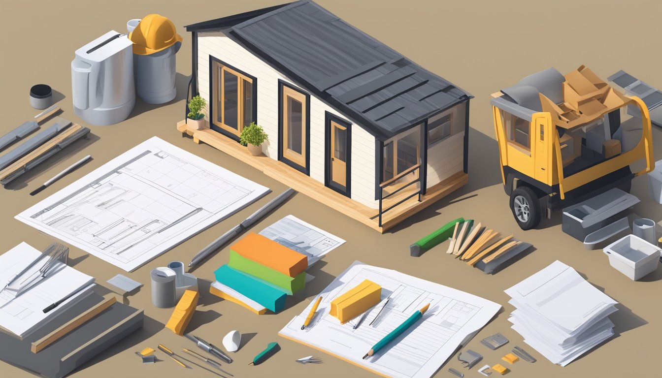 A tiny house surrounded by construction materials and tools, with a budget spreadsheet and calculator on a table