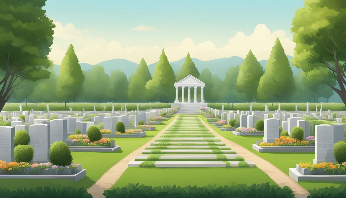 A serene cemetery with rows of pre-arranged plots for urns, marked with elegant headstones and surrounded by lush greenery