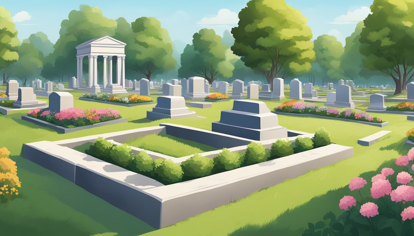 A serene cemetery with well-maintained burial plots and carefully manicured landscaping