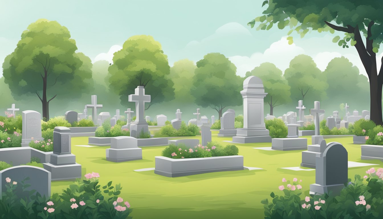 A serene cemetery with neatly arranged burial plots, marked with headstones and surrounded by peaceful greenery